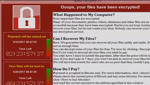 '랜섬웨어(Ransomware) 프로그램 감염시 등장하는 경고문 화면.