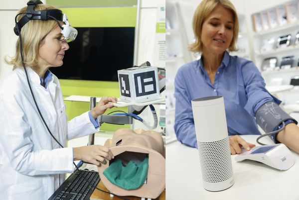 독일 프라운호퍼 연구원의 수술용 증강현실 시스템(3D-ARILE, 사진 왼쪽)과 아마존의 인공지능(AI) 음성인식 서비스인 '알렉사'를 이용한 건강관리 서비스(사진 오른쪽). 사진 출처: ‘메디카 2017(MEDICA 2017) 홈페이지