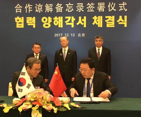 서정선 한국바이오협회 회장(왼쪽)이 BPBC와 한중 바이오산업 협력 협약식을 체결하고 있다.