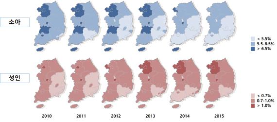 2015년 아토피피부염 환자의 지역별 유병률. 표 출처: 국민건강보험공단