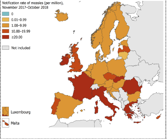 유럽 국가별 홍역환자 발생현황 2017년 12월~2018년 11월. 표 출처: 질병관리본부