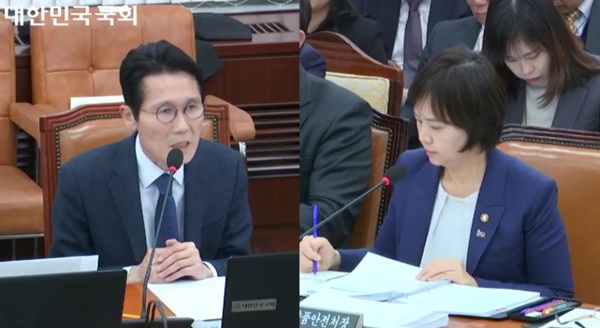 3월 13일 국회 보건복지위원회 전체회의에서 윤소하 의원이 이의경 처장에게 질의하는 모습.