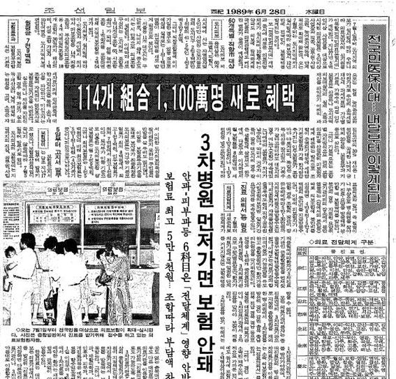 1989년 6월 28일자 조선일보 전국민의료보험 관련 기사