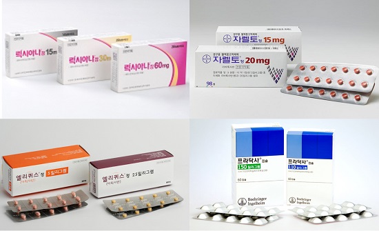신규 경구용 항응고제(New Oral Anti coagulant,) 제품인 릭시아나, 자렐토, 프라닥사, 자렐토(사진 왼쪽 위부터 시계 방향으로)