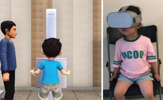 애니메이션 캐릭터가 검사 과정에 대해 설명해주는 VR 영상 화면과, 소아 환자가 VR 헤드셋을 착용한 모습. 이미지 제공: 분당서울대병원