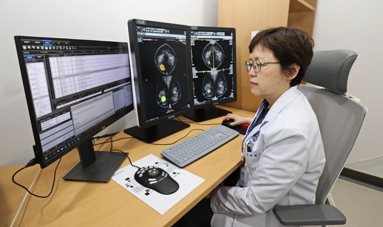 연세대학교 의과대학 용인세브란스병원 김은경 연구부원장(영상의학과 교수)이 루닛 인사이트 MMG를 활용해 유방암 의심 부위를 확인하고 있다