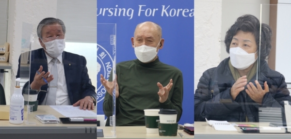 사진 왼쪽부터 김덕진 한국만성기의료협회 회장, 강주성 간병시민연대 활동가, 신경림 대한간호협회 회장.