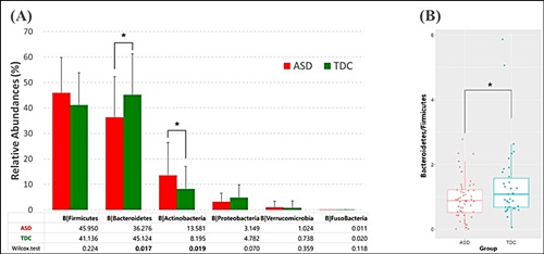 ASD 환자와 정상발달대조군(TDC)에게서 발견되는 phylum 수준에서의 장내 미생물 분포도 그림.