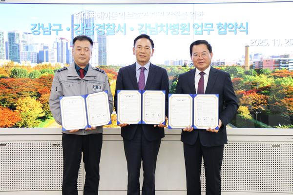 왼쪽부터 이상원 강남경찰서 여성청소년과 과장, 조성명 강남구청장, 노동영 강남차병원장)